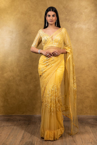 Nitika Gujral-Sunburst Yellow Tulle Saree With Blouse-INDIASPOPUP.COM