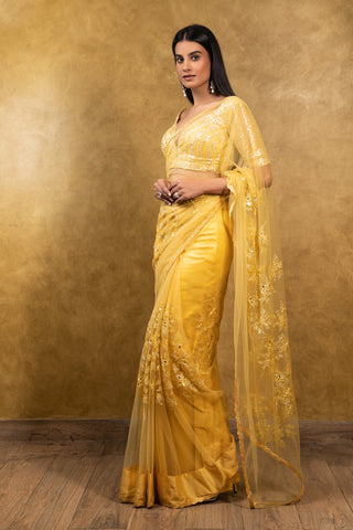 Nitika Gujral-Sunburst Yellow Tulle Saree With Blouse-INDIASPOPUP.COM