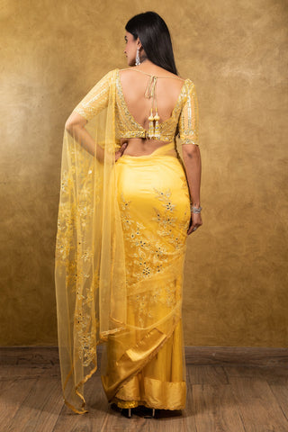 Nitika Gujral-Sunburst Yellow Tulle Saree With Blouse-INDIASPOPUP.COM