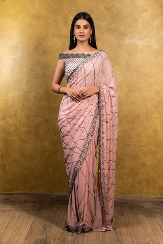 Nitika Gujral-Soft Rose Saree With Offf-Shoulder Blouse-INDIASPOPUP.COM