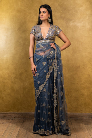 Nitika Gujral-Stone Blue Saree With Blouse-INDIASPOPUP.COM