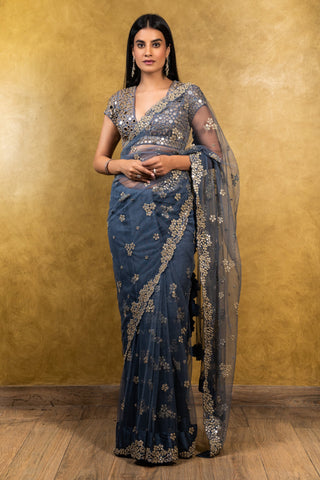 Nitika Gujral-Stone Blue Saree With Blouse-INDIASPOPUP.COM