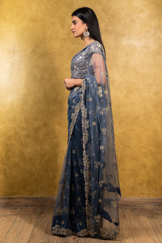 Nitika Gujral-Stone Blue Saree With Blouse-INDIASPOPUP.COM