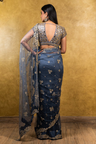 Nitika Gujral-Stone Blue Saree With Blouse-INDIASPOPUP.COM