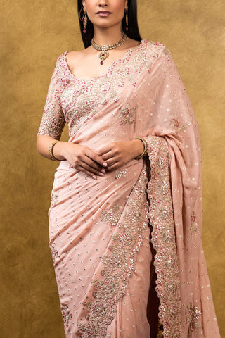 Nitika Gujral-Rose Pink Chiffon Saree With Blouse-INDIASPOPUP.COM