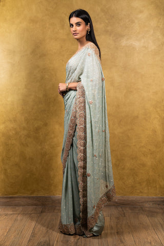 Nitika Gujral-Jade Green Chiffon Saree With Blouse-INDIASPOPUP.COM