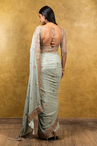 Nitika Gujral-Jade Green Chiffon Saree With Blouse-INDIASPOPUP.COM