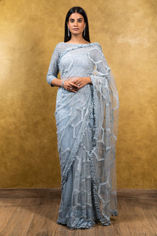 Nitika Gujral-Powder Blue Saree With Blouse-INDIASPOPUP.COM