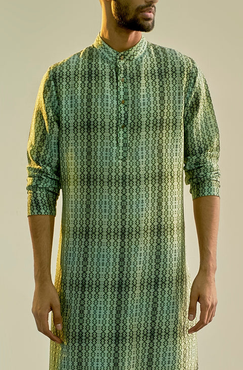 Saksham & Neharicka-Green Printed Cotton Silk Kurta-INDIASPOPUP.COM