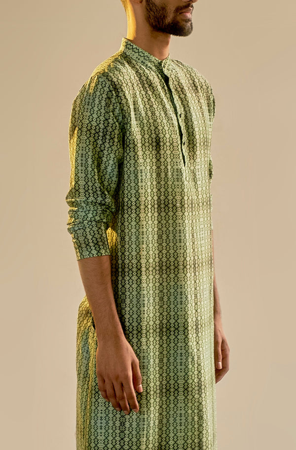 Saksham & Neharicka-Green Printed Cotton Silk Kurta-INDIASPOPUP.COM