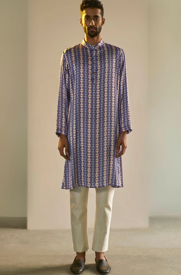 Saksham & Neharicka-Blue & White Satin Printed Kurta-INDIASPOPUP.COM