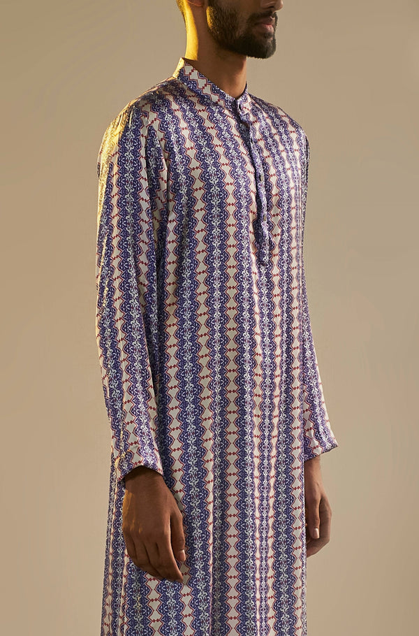 Saksham & Neharicka-Blue & White Satin Printed Kurta-INDIASPOPUP.COM