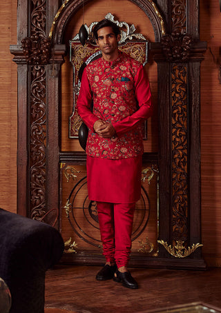 Kalista Men-Mazhar Red Bundi Kurta Set-INDIASPOPUP.COM