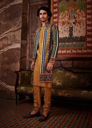 Kalista Men-Aslan Olive Green Jacket Kurta Set-INDIASPOPUP.COM