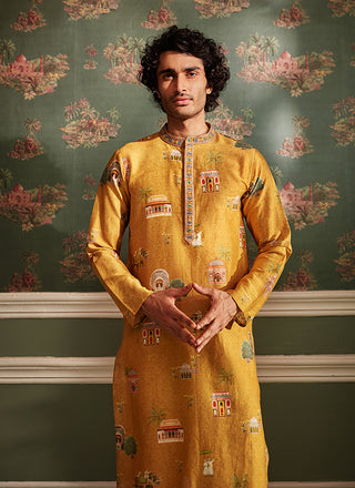 Kalista Men-Ahren Mustard Kurta With Churidar-INDIASPOPUP.COM