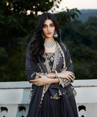 Matsya-Grey Royal Peplum Short Jacket And Lehenga Set-INDIASPOPUP.COM