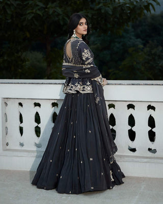 Matsya-Grey Royal Peplum Short Jacket And Lehenga Set-INDIASPOPUP.COM