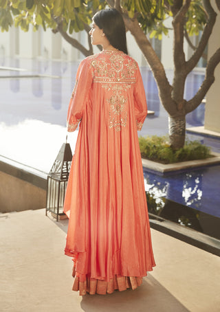 Matsya-Hibiscus Coral Florentine Nayaab Cape Lehenga Set-INDIASPOPUP.COM