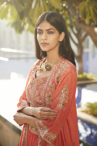 Matsya-Hibiscus Coral Florentine Nayaab Cape Lehenga Set-INDIASPOPUP.COM