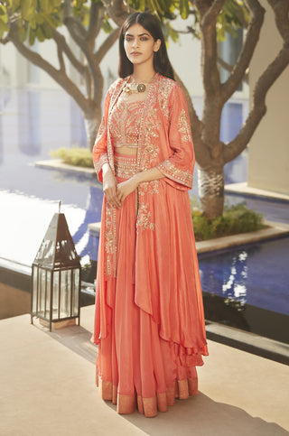 Matsya-Hibiscus Coral Florentine Nayaab Cape Lehenga Set-INDIASPOPUP.COM