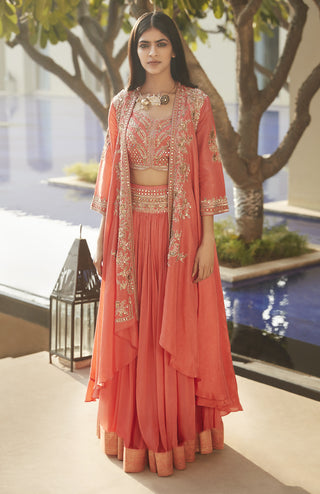 Matsya-Hibiscus Coral Florentine Nayaab Cape Lehenga Set-INDIASPOPUP.COM