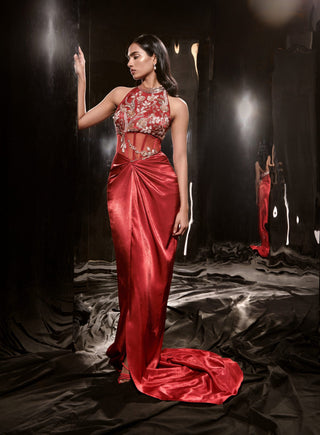 Masumi Mewawalla-Red Embroidered Corset Dress-INDIASPOPUP.COM
