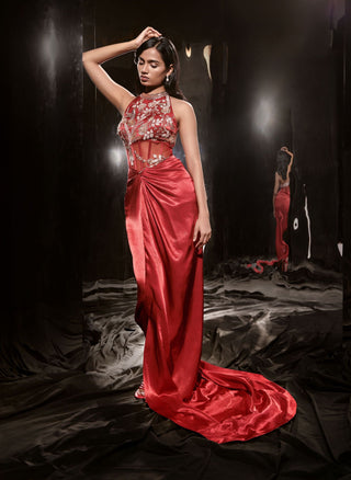 Masumi Mewawalla-Red Embroidered Corset Dress-INDIASPOPUP.COM