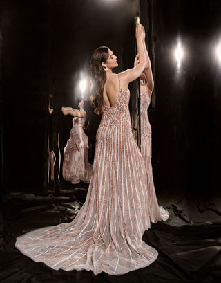 Masumi Mewawalla-Silver Embroidered Gown With Trail-INDIASPOPUP.COM