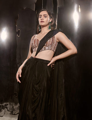 Masumi Mewawalla-Black Embroidered Pre-Draped Sari With Corset-INDIASPOPUP.COM