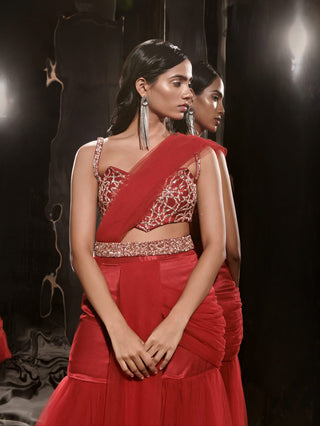 Masumi Mewawalla-Red Embroidered Sharara Sari Set-INDIASPOPUP.COM