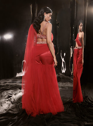 Masumi Mewawalla-Red Embroidered Sharara Sari Set-INDIASPOPUP.COM