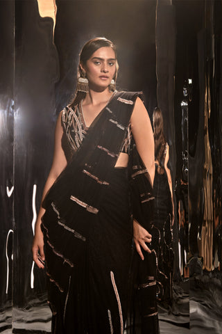 Masumi Mewawalla-Black Pre-Draped Embroidered Sari With Blouse-INDIASPOPUP.COM