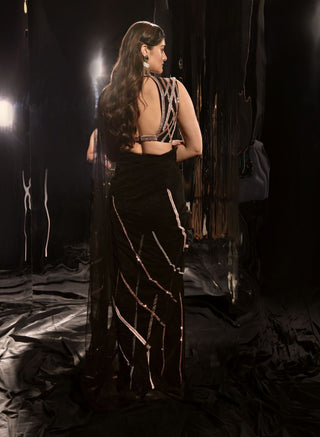 Masumi Mewawalla-Black Pre-Draped Embroidered Sari With Blouse-INDIASPOPUP.COM