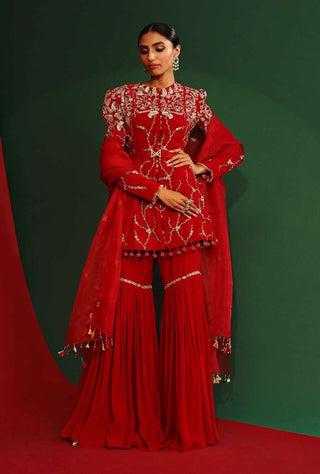 Mahima Mahajan-Mira Sindoori Red Embroidered Garara Set-INDIASPOPUP.COM