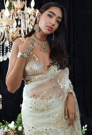 Mahima Mahajan-Marylyn Jade Gold Embroidered Sari With Blouse-INDIASPOPUP.COM