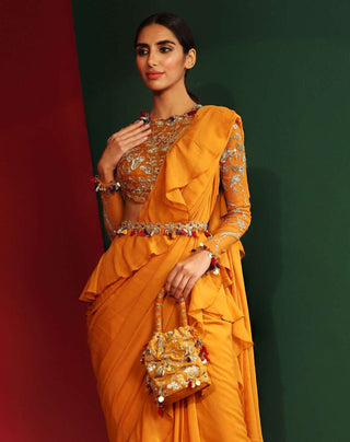 Mahima Mahajan-Mahika Marigold Yellow Pre-Stitched Sari Set-INDIASPOPUP.COM