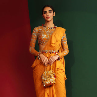 Mahima Mahajan-Mahika Marigold Yellow Pre-Stitched Sari Set-INDIASPOPUP.COM