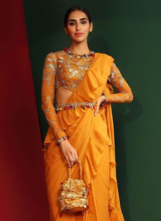 Mahima Mahajan-Mahika Marigold Yellow Pre-Stitched Sari Set-INDIASPOPUP.COM