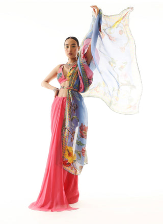 Mahima Mahajan-Pink Printed Organza Sari Set-INDIASPOPUP.COM