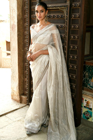 Matsya-Ivory Winged Blouse Tissue Saree With Blouse-INDIASPOPUP.COM