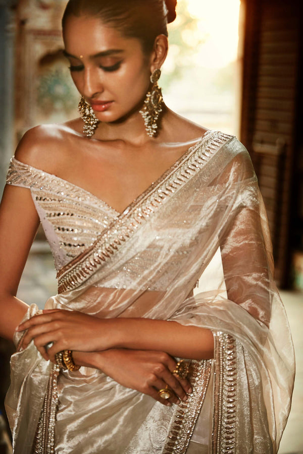 Buy Grey Kora Silk Tissue Saree With Zari Jaal Floral Weave And Unstitched  Blouse Piece Kalki Fashion India