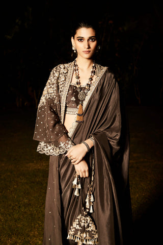 Matsya-Grey Royal Parisian Sari And Jacket Set-INDIASPOPUP.COM