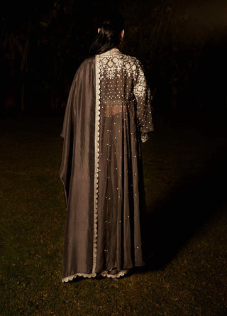 Matsya-Grey Royal Parisian Sari And Jacket Set-INDIASPOPUP.COM