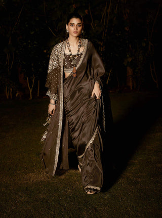 Matsya-Grey Royal Parisian Sari And Jacket Set-INDIASPOPUP.COM