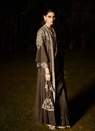 Matsya-Grey Royal Parisian Sari And Jacket Set-INDIASPOPUP.COM