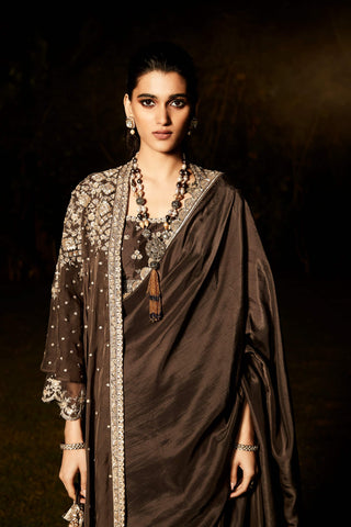 Matsya-Grey Royal Parisian Sari And Jacket Set-INDIASPOPUP.COM