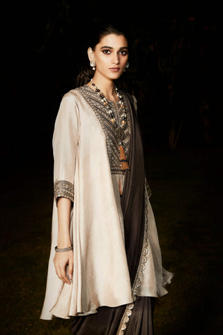 Matsya-Beige Parsi Parisian Sari With Kurta-INDIASPOPUP.COM