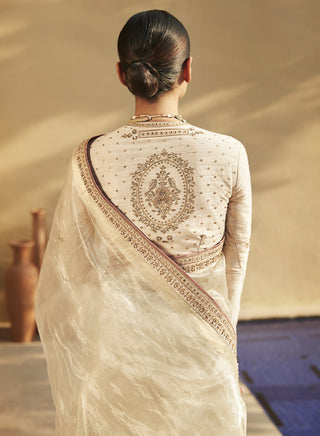 Matsya-Ivory Old Benaras Saree With Blouse-INDIASPOPUP.COM