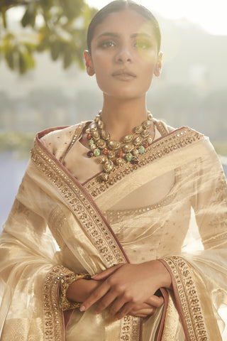 Matsya-Ivory Old Benaras Saree With Blouse-INDIASPOPUP.COM