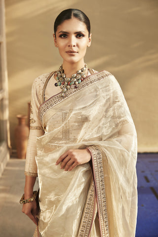 Matsya-Ivory Old Benaras Saree With Blouse-INDIASPOPUP.COM